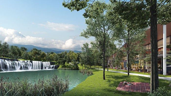 The Village, a shopping centre that is complimented by the view of a majestic waterfall