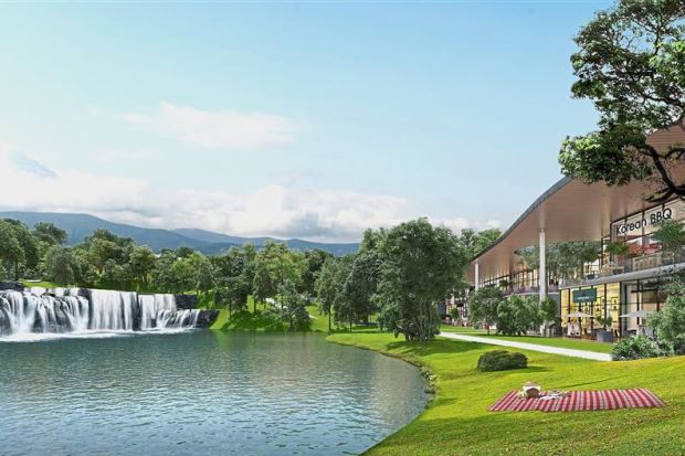 The Village comprises a cluster of buildings set on terraced land overlooking the waterfall and lakes, offering facilities and amenities including cafes, restaurants, retail outlets, a market place and a clubhouse.