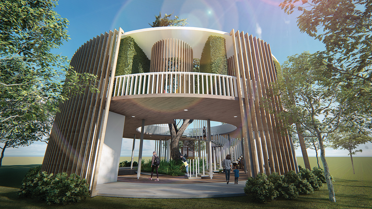 The Community Hub at Gamuda Cove features diverse co-working facilities arranged around central community farming plots.