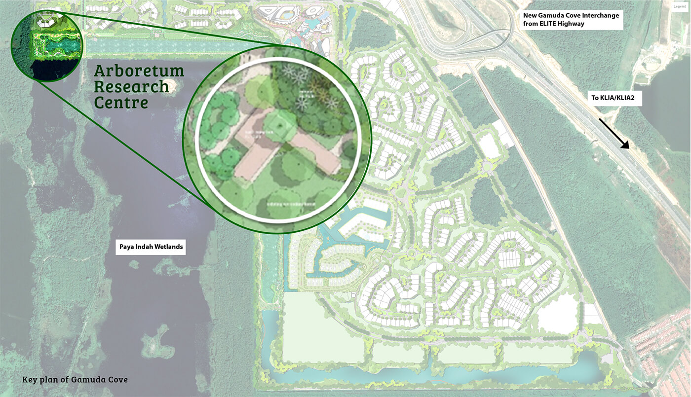 Location of the wetlands arboretum research centre within the 90-acre forest park.